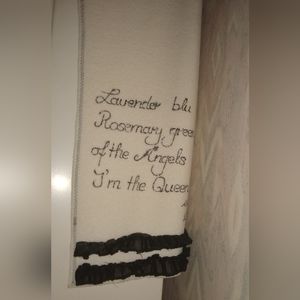 White fleece scarf with angel script & ruffles